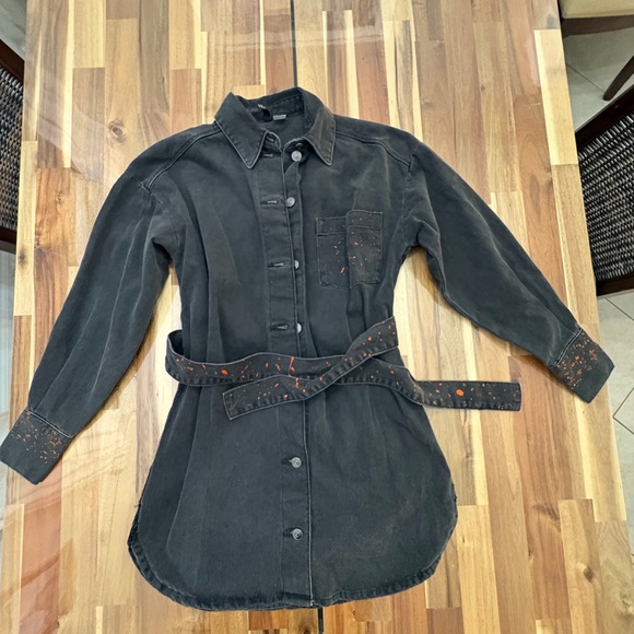 H&M Dresses & Skirts - Sz XS Black Denim Long Sleeve Collar Short Dress Orange Paint Belt with Pocket